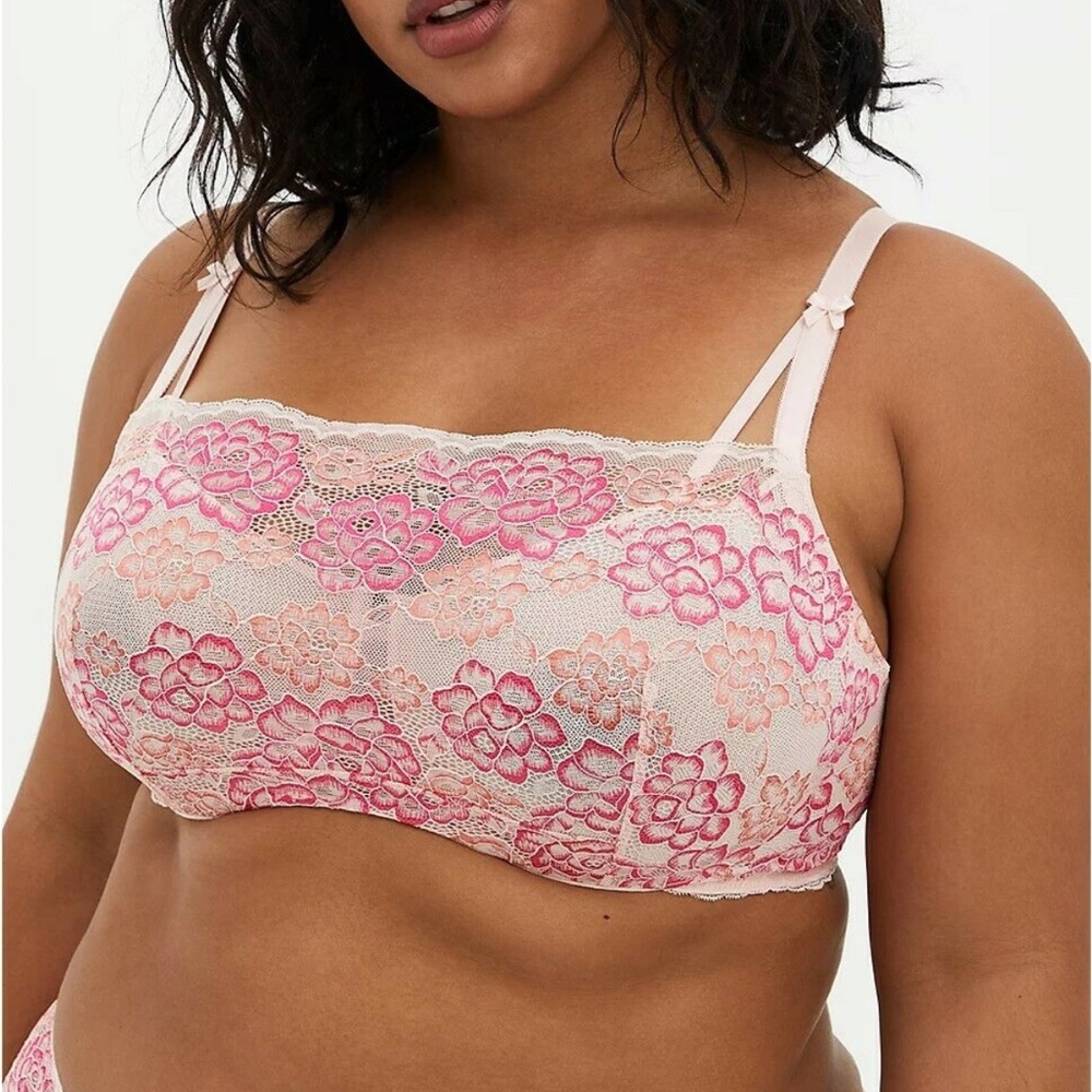 Torrid pink floral lace bandeau unlined balconette bra 46D
